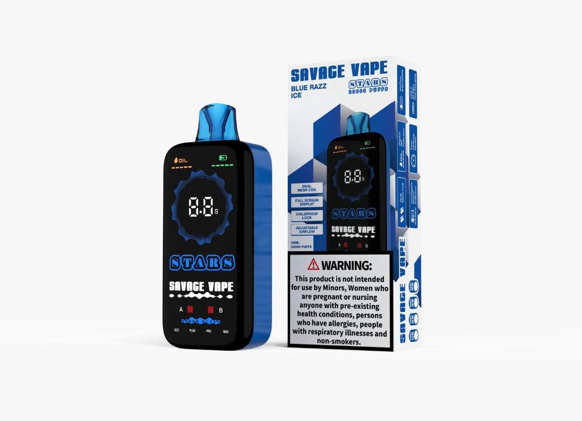 🫐 Cool, Sweet, and Incredibly Smooth! ❄️

Dive into a refreshing burst of ripe blueberries, perfectly balanced with an icy finish for a smooth and satisfying vape. The Savage Stars 20000 Blueberry Ice delivers an intense berry sweetness followed by a cool, crisp exhale—making every puff irresistibly refreshing!

With 20,000 puffs, a full-screen display, and customizable power modes, this high-performance disposable vape ensures maximum enjoyment with every hit.

🔥 Why You Need Blueberry Ice:
✅ Massive 20,