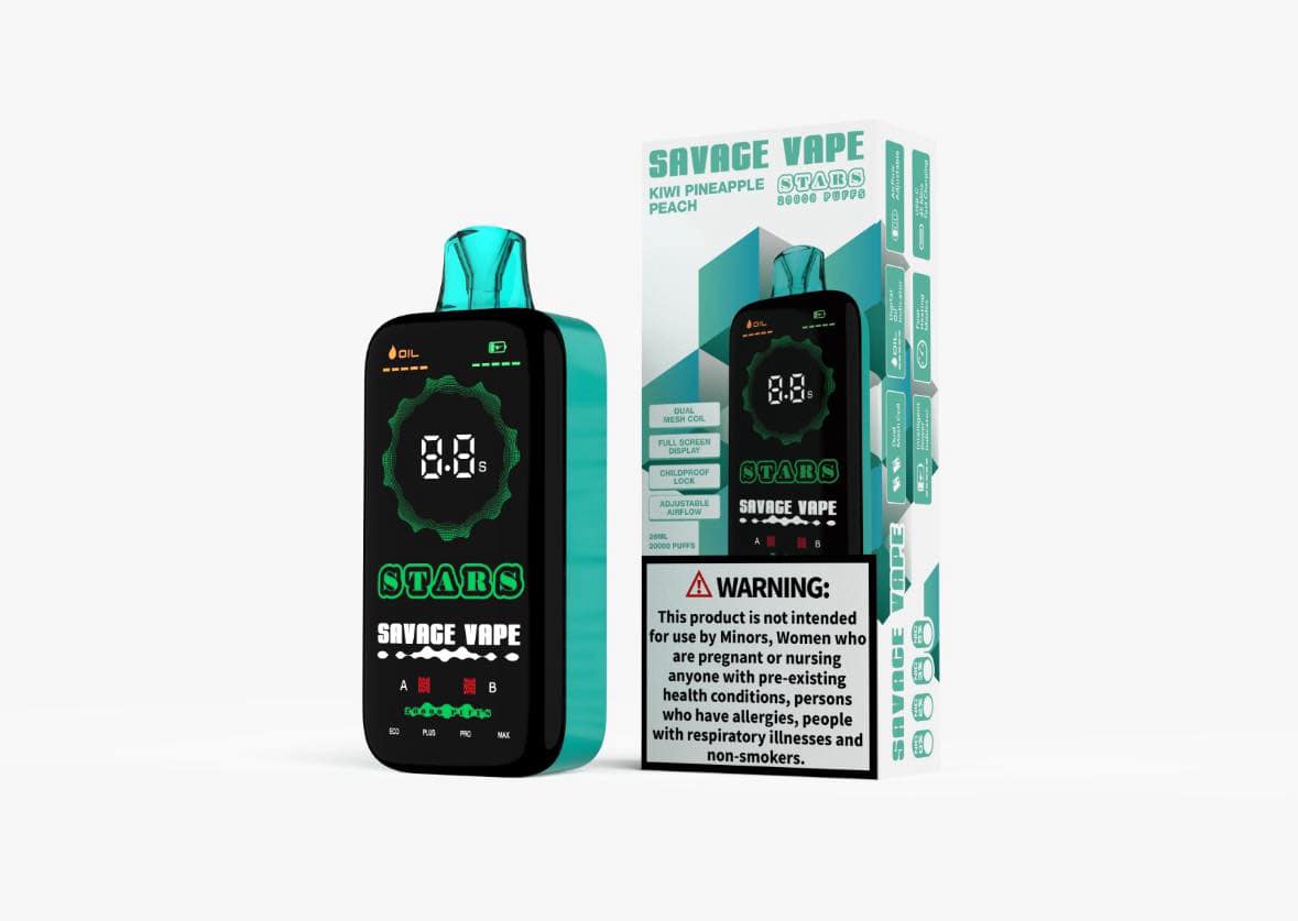 🥝 A Tropical Symphony of Sweet & Tart! 🍍 🍑

Savor the perfect blend of tangy kiwi, juicy pineapple, and smooth peach, crafted for a bold and refreshing vaping experience. The Savage Stars 20000 Kiwi Pineapple Peach delivers a zesty and tropical inhale, followed by a sweet, velvety exhale, making every puff feel like a tropical getaway.

With 20,000 puffs, a full-screen display, and customizable power settings, this premium disposable vape is designed for those who love vibrant, fruity flavors with an ext