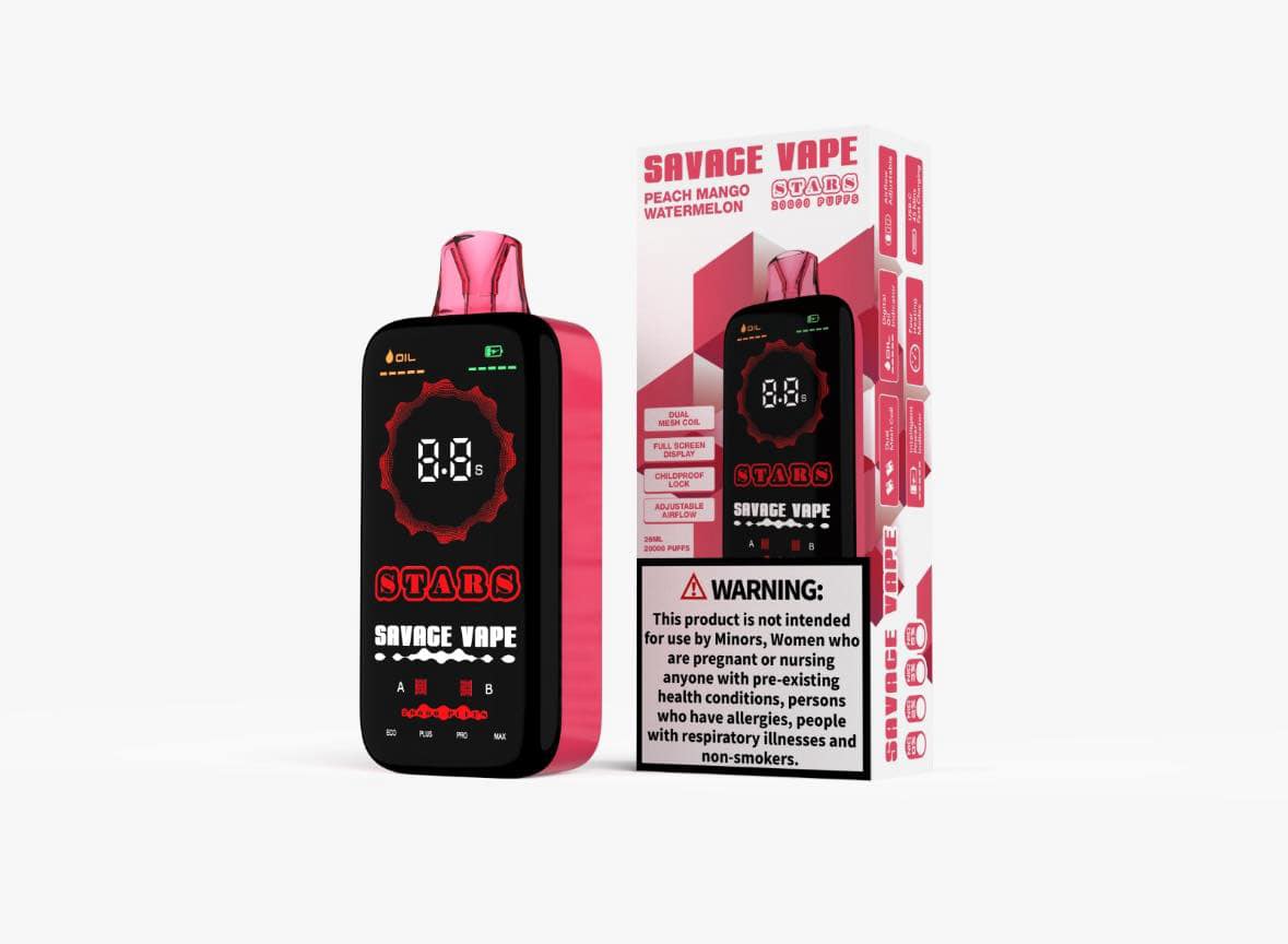🍑 A Juicy Fusion of Tropical Bliss! 🥭 🍉

Get ready for a mouthwatering blend of sun-ripened peaches, tropical mango, and refreshing watermelon—a perfectly balanced trifecta of fruity sweetness. The Savage Stars 20000 Peach Mango Watermelon delivers an irresistibly smooth inhale with a juicy, refreshing exhale, making every puff a tropical escape.

With 20,000 puffs, a full-screen display, and customizable power settings, this high-performance disposable vape lets you enjoy pure tropical indulgence anytim