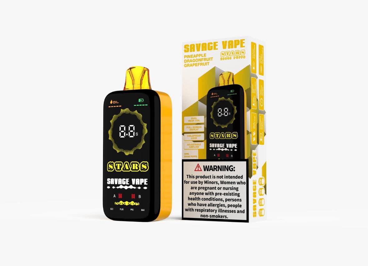 🍍 Tropical Zest with a Citrusy Kick! 🐉 🍊

Indulge in an exotic fusion of sweet pineapple, bold dragonfruit, and tangy grapefruit—a perfect balance of sweetness, tartness, and tropical vibrance. The Savage Stars 20000 Pineapple Dragonfruit Grapefruit is a refreshing explosion of flavors, blending the juicy tropical goodness of pineapple, the smooth exotic taste of dragonfruit, and the zesty punch of grapefruit for a truly unforgettable vaping experience.

With 20,000 puffs, a full-screen display, and cust
