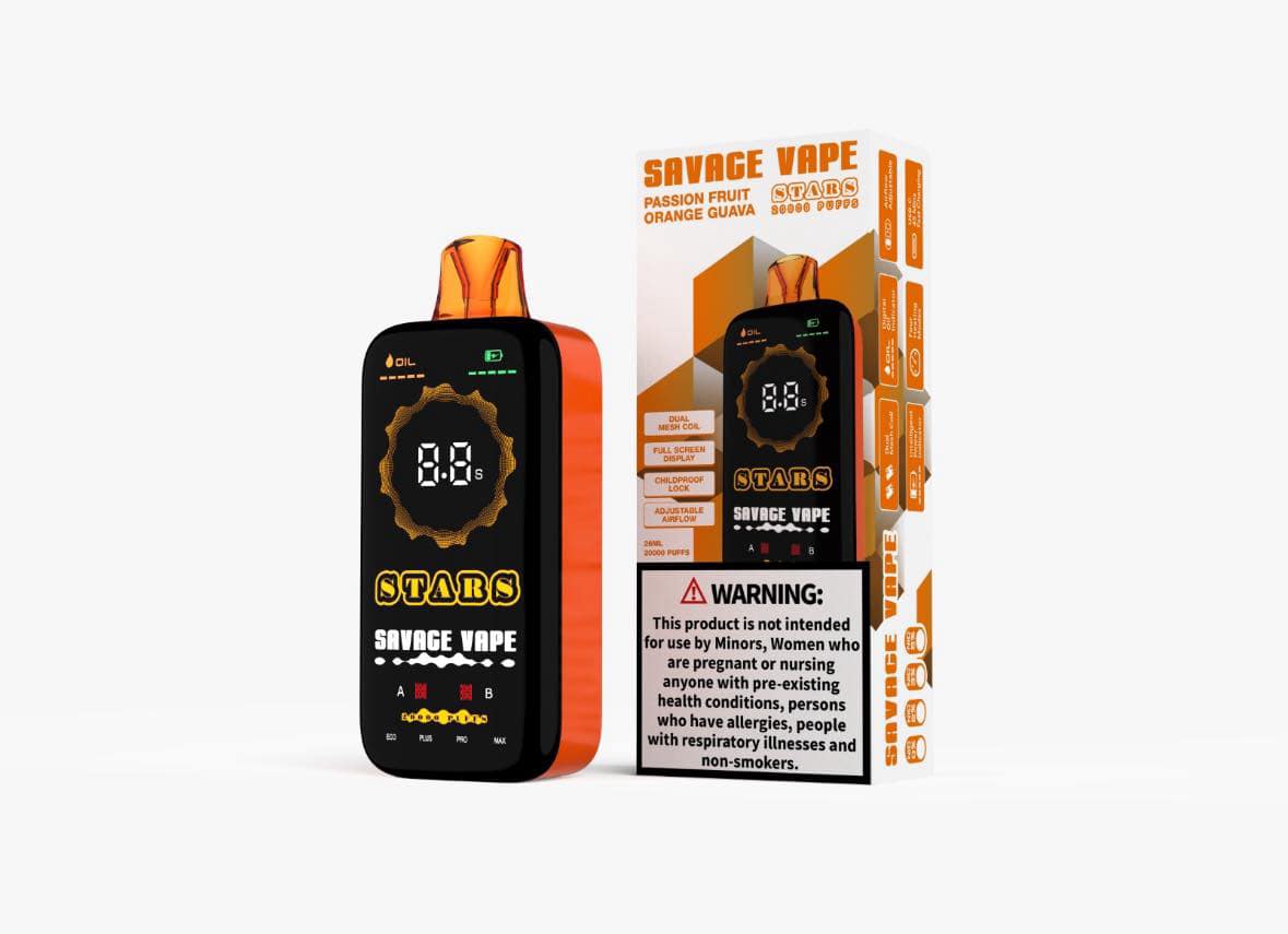 Vape

🌴 A Tropical Escape in Every Puff! 🍊

Transport yourself to paradise with the exotic fusion of tangy passion fruit, zesty orange, and sweet guava. The Savage Stars 20000 Passion Fruit Orange Guava delivers a burst of tropical flavors, perfectly blended for a refreshing and fruity vaping experience. Whether you're after something vibrant and juicy or a smooth, all-day vape, this one’s a game-changer!

Designed for performance and convenience, this vape features 20,000 puffs, a full-screen display, an