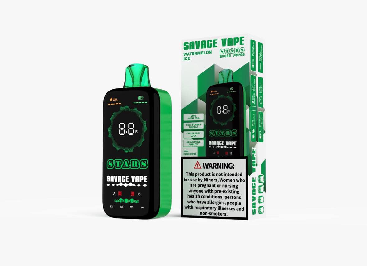 Unleash the Power of 20,000 Puffs! 🚀

Cool, refreshing, and packed with flavor—Savage Stars 20000 Watermelon Ice delivers a juicy burst of ripe watermelon blended with a crisp icy finish. Designed for vapers who crave long-lasting performance and smooth satisfaction, this cutting-edge disposable vape comes with a full-screen display to track power and e-liquid levels effortlessly.